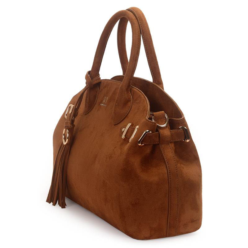 Bolsa WJ caramelo vista lateral mostrando alças e detalhes metálicos
